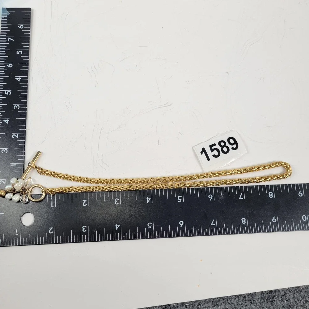 Gold‎ Tone Chain Necklace Toggle Clasp Faux Pearl Bead Charm Heavy16in Jewelry